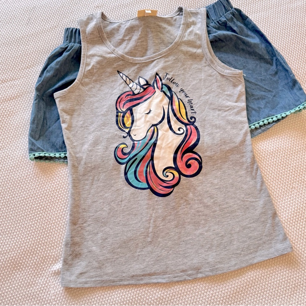 SELF ESTEEM 2 Piece Girls Grey Rainbow Unicorn Tank Top & Blue Denim Shorts Set - Picture 3 of 14